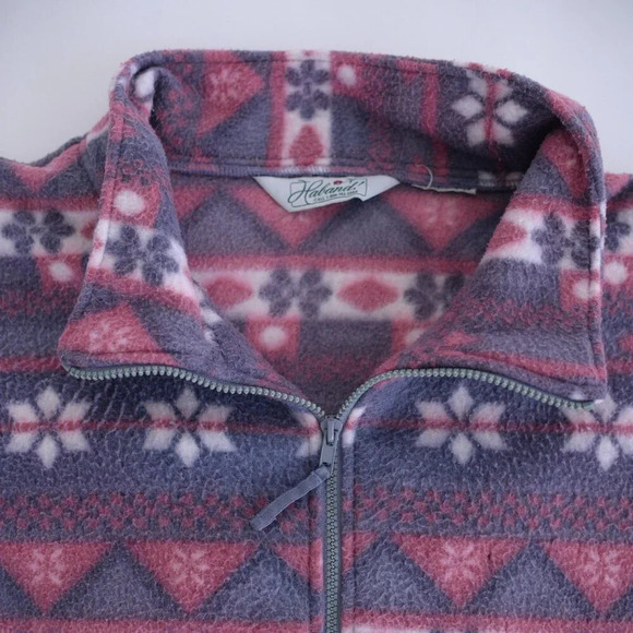 Vintage Haband Grey Pink Snowflake Fleece Festive Holiday Zip Up Sweater LG - Picture 8 of 8